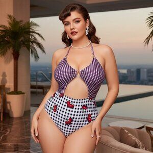 SEXY PLUS GINGHAM RETRO PINUP CHERRY PRINT HALTER CUT OUT 1 PC SWIMSUIT